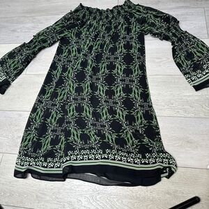Shift dress Max Studio black green mini long sleeve off the shoulder size medium